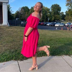 Hot pink off the shoulder dress!